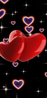 Glossy red 3D hearts with a starry background.