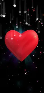 Vibrant red heart with stars on a dark, cosmic background for mobile wallpaper.