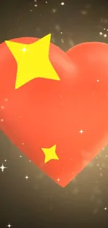 Red heart with yellow stars on glittery background.