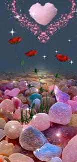 Heart-shaped petals with colorful stones and flowers mobile wallpaper.