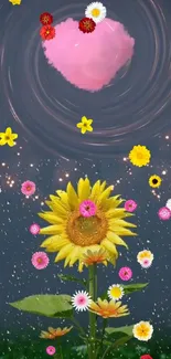 Magical wallpaper with sunflower and pink heart.