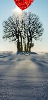 A peaceful winter scene with a tree and a red heart in the sky.