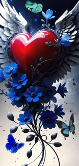 Beautiful winged heart with blue flowers and butterflies design.