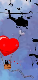 Illustration of a heart balloon and helicopter in the sky.