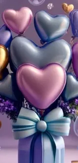 Pastel heart balloons bouquet wallpaper with a decorative bow.