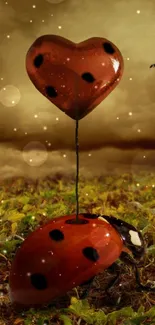 Ladybug with heart-shaped balloon on earthy background wallpaper.