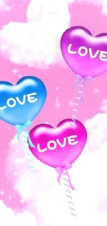 Heart-shaped balloons with 'Love' on a pink cloudy background.