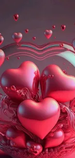 3D heart balloons in vibrant red on a serene background.