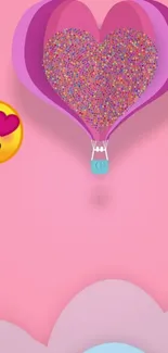 Heart balloon wallpaper with pink background and love emoji.