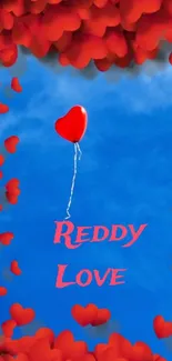 Red heart balloon floating against blue sky surrounded by hearts.