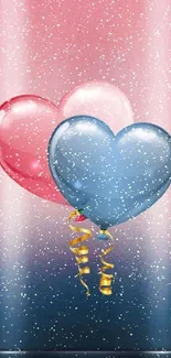 Red and blue heart balloons with gradient background.