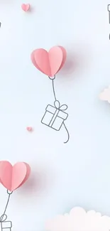 Pastel wallpaper with heart balloons and gifts on light blue background.