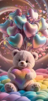 A cute teddy bear holding a heart surrounded by colorful balloons in a fantasy setting.