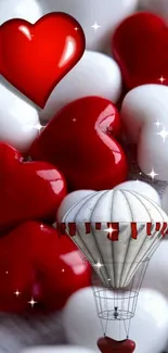 Red and white hearts with a balloon and stars wallpaper.