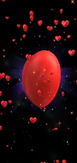 Mobile wallpaper with red heart balloon on a starry black background.