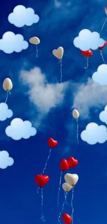 Blue sky with heart balloons and clouds.