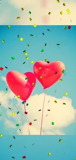 Heart-shaped balloons float in a confetti-filled blue sky.