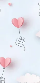 Mobile wallpaper with heart balloons and gift boxes in blue sky background.