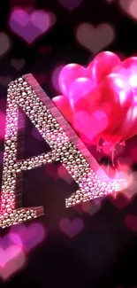 Stylish letter A with red heart balloons on black background.