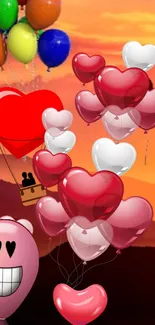 Heart-shaped balloons float against a sunset sky.