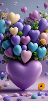 Colorful heart-shaped balloon bouquet with a purple background.