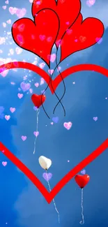 Red heart balloons float in a blue sky with white and purple hearts.