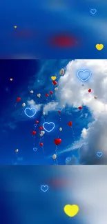 Heart balloons float in a blue sky with clouds.