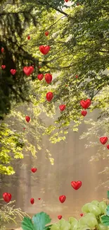 Forest scene with red heart balloons and green foliage.