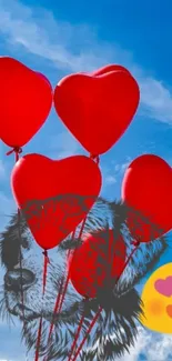 Heart-shaped balloons against a blue sky with dog and emoji.