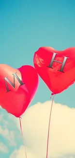 Red heart-shaped balloons against a blue sky wallpaper.