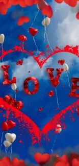 Heart-shaped balloons love wallpaper with red splash design.