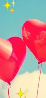 Heart-shaped balloons float against a blue sky with shimmering stars.