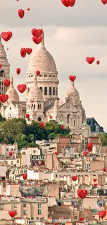 Romantic view of Paris with heart balloons.