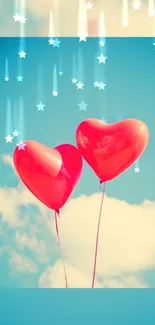 Romantic heart balloons float in the sky with clouds and stars.