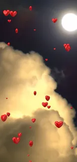 Red heart balloons float under a full moon in a dark cloudy sky wallpaper.