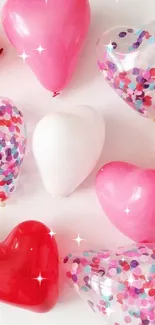 Heart-shaped balloons in vibrant red, white, and pink colors against a light background.