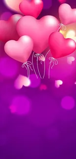 Heart-shaped balloons on purple bokeh background.