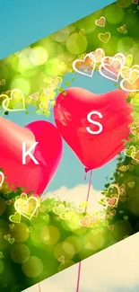 Romantic mobile wallpaper with heart balloons and green bokeh background.