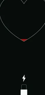 Minimalist heart with battery low and charging icon on black background.