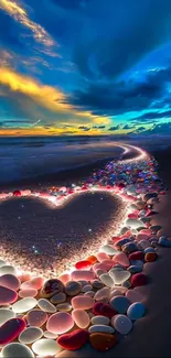 Heart-shaped stones on beach at dusk.