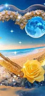 Heart-shaped frame with moonlit beach and yellow rose.