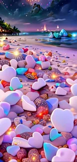 Fantasy beach with heart-shaped stones under a colorful sky.