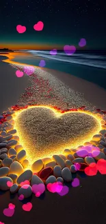 Romantic beach with glowing heart design at night.