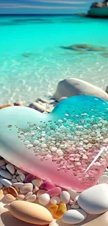 Heart-shaped glass with pebbles on a beach with turquoise water.