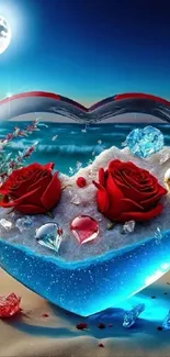 Heart-shaped beach scene with roses under a moonlit night and ocean waves.