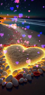 Heart-shaped sand art glowing on a beach with purple heart overlays.