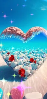 Heart-shaped beach wallpaper with blue sky and ocean view.