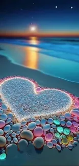 Heart-shaped pebbles on a beach at sunset with vibrant colors.