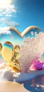 Heart-shaped crystal on beach with sunrise and ocean view.