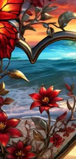 Heart-shaped frame with flowers on a beach sunset background.